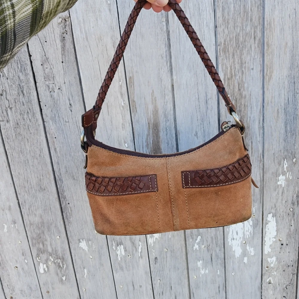 Vtg 395 Fossil Hobo Handbag Bag Suede and Braided Leather Tassle Y2K - Picture 4 of 16